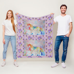 Rainbow Unicorn Purple Floral Pansy Fleece Blanket
