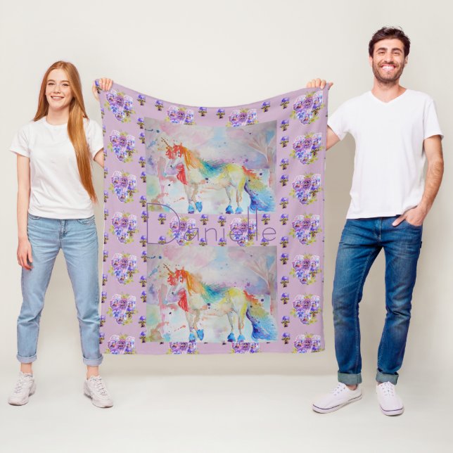 Rainbow Unicorn Purple Floral Pansy Fleece Blanket (In Situ)
