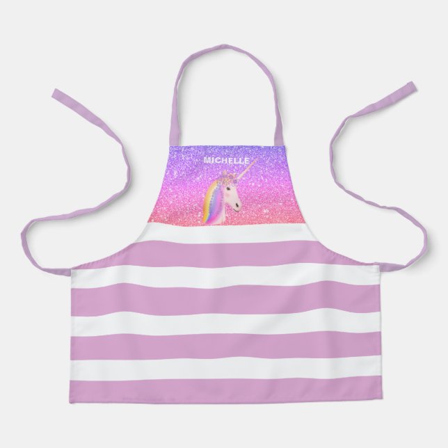 Rainbow Unicorn Purple Glitter Girls Personalised Apron (Front)