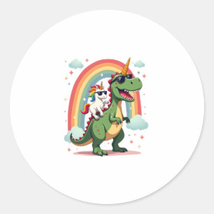 Rainbow Unicorn Riding T rex - Dinosaur Boys Girls Classic Round Sticker
