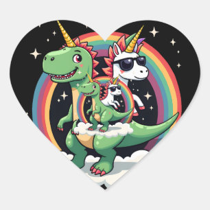 Rainbow Unicorn Riding T rex - Dinosaur Boys Girls Heart Sticker