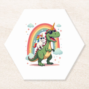 Rainbow Unicorn Riding T rex - Dinosaur Boys Girls Paper Coaster