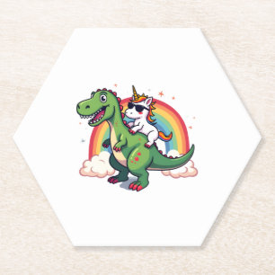 Rainbow Unicorn Riding T rex - Dinosaur Boys Girls Paper Coaster