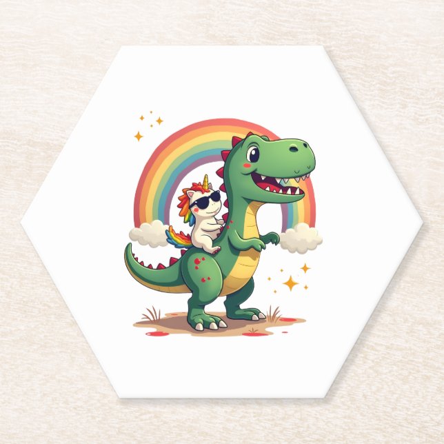 Rainbow Unicorn Riding T rex - Dinosaur Boys Girls Paper Coaster (Front)