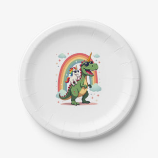 Rainbow Unicorn Riding T rex - Dinosaur Boys Girls Paper Plate
