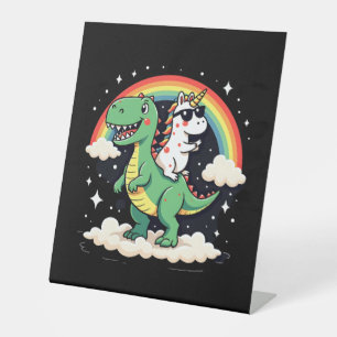 Rainbow Unicorn Riding T rex - Dinosaur Boys Girls Pedestal Sign