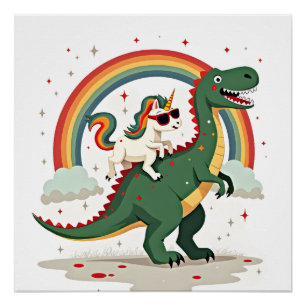 Rainbow Unicorn Riding T rex - Dinosaur Boys Girls Poster