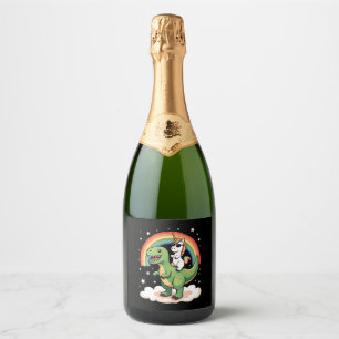 Rainbow Unicorn Riding T rex - Dinosaur Boys Girls Sparkling Wine Label