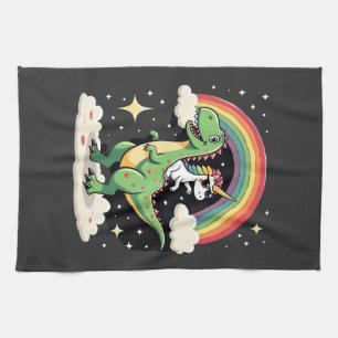 Rainbow Unicorn Riding T rex - Dinosaur Boys Girls Tea Towel