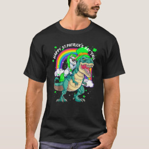 Rainbow Unicorn Riding T Rex Dinosaur Happy St Pat T-Shirt