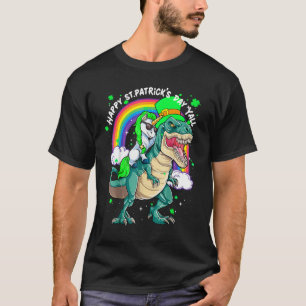 Rainbow Unicorn Riding T Rex Dinosaur Happy St Pat T-Shirt