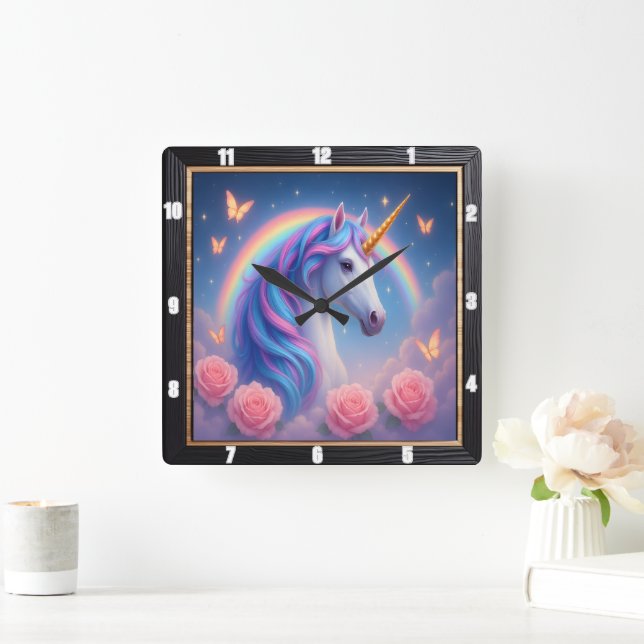 Rainbow Unicorn Rose Butterfly Square Wall Clock (Home)