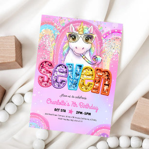 Rainbow Unicorn Sequin Glitter 7th Birthday Invitation