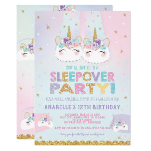 Rainbow Unicorn Sleepover Birthday Party Invitation