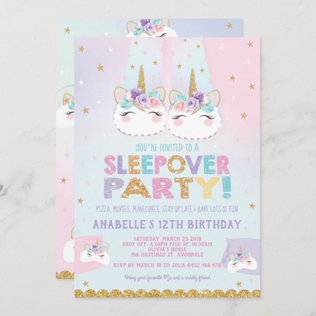 Rainbow Unicorn Sleepover Birthday Party Invitation (Front/Back)