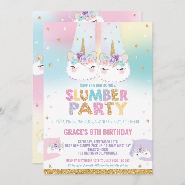 Rainbow Unicorn Slumber Birthday Party Sleepover Invitation (Front/Back)