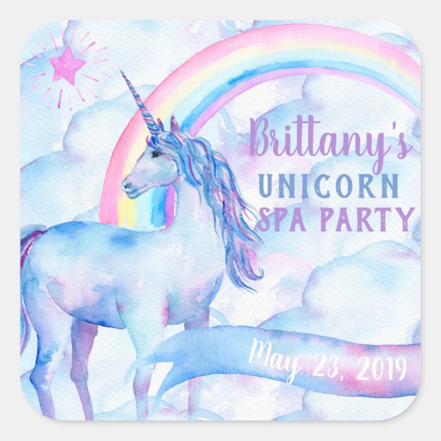 Rainbow Unicorn Spa Birthday Party Square Sticker (Front)