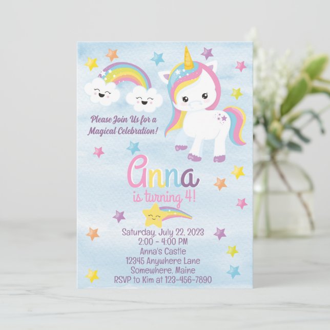 Rainbow Unicorn Sparkle Birthday Invitation (Standing Front)