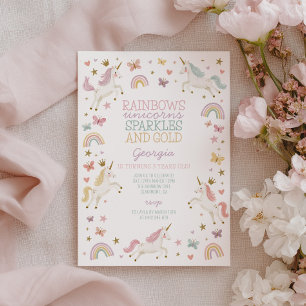 Rainbow Unicorn Sparkle Gold Girls 3rd Birthday Invitation
