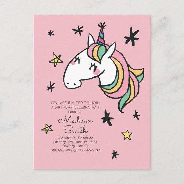 Rainbow Unicorn Stars Birthday Invitation (Front)