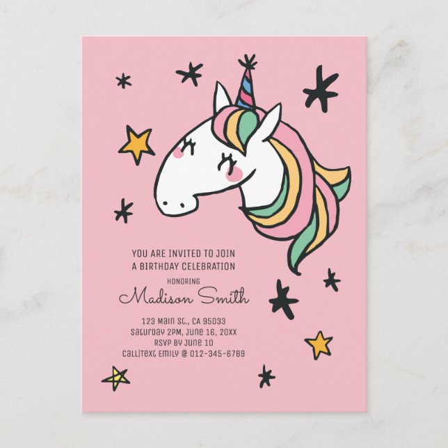 Rainbow Unicorn Stars Birthday Invitation Postcard (Front)