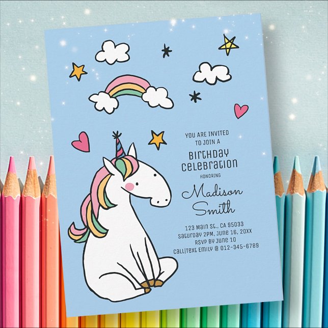 Rainbow Unicorn Stars Hearts Birthday Invitation (Creator Uploaded)