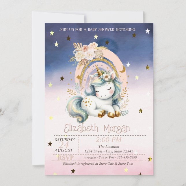 Rainbow Unicorn Stars Ombre Baby Shower Invitation (Front)