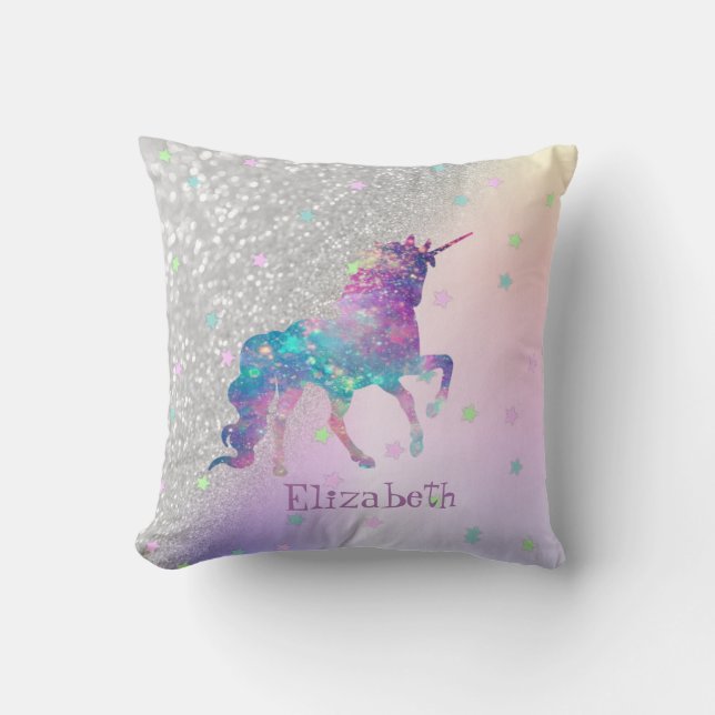 Rainbow Unicorn,Stars, Silver Glitter Bokeh Cushion (Front)