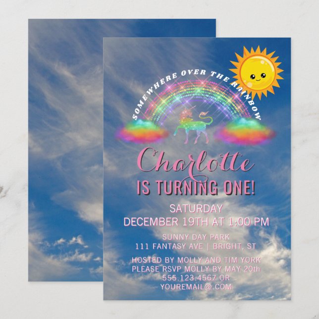 Rainbow Unicorn Sun Clouds 1st Birthday Party Invitation (Front/Back)