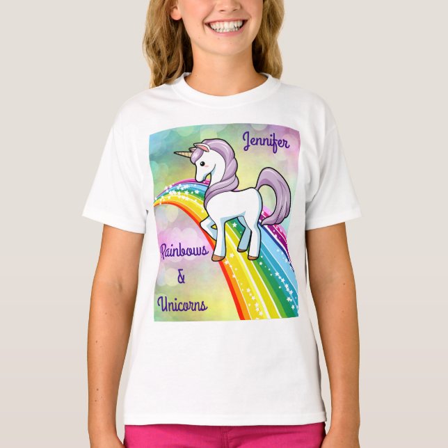 Rainbow & Unicorn T-Shirt Girls Shirt Personalise (Front)