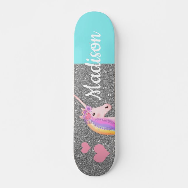 Rainbow Unicorn Teal Silver Glitter Personalised Skateboard (Front)