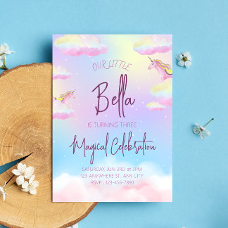 Rainbow Unicorn Third Birthday Party Invitation