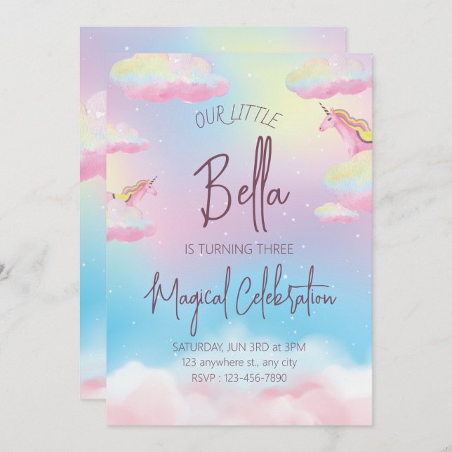 Rainbow Unicorn Third Birthday Party Invitation (Front/Back)