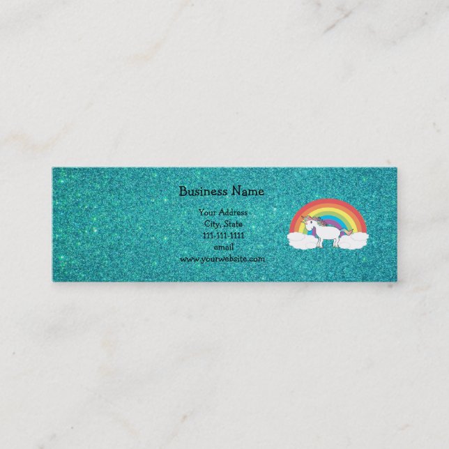 Rainbow unicorn turquoise glitter mini business card (Front)