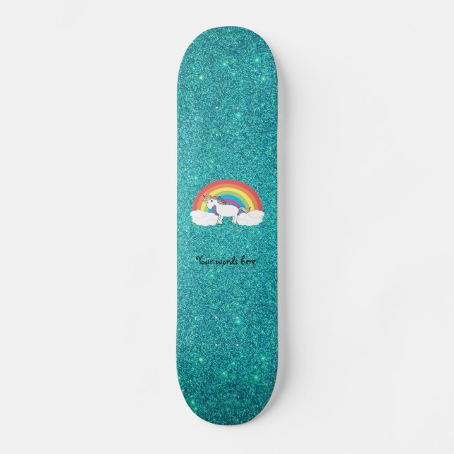 Rainbow unicorn turquoise glitter skateboard (Front)