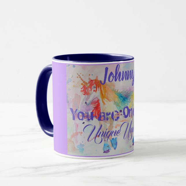 Rainbow Unicorn Watercolor Childs Name Mug (Front Left)