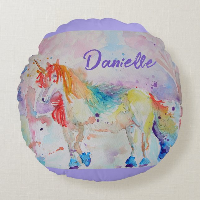 Rainbow Unicorn Watercolor Girls Name Cushion (Front)