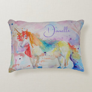 Rainbow Unicorn Watercolor Girls Name Cushion