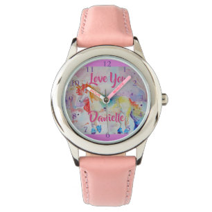 Rainbow Unicorn Watercolor Pink Girls Love Watch