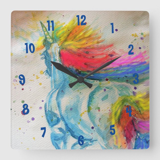 Rainbow Unicorn Watercolour Girls Nursery Clock (Front)