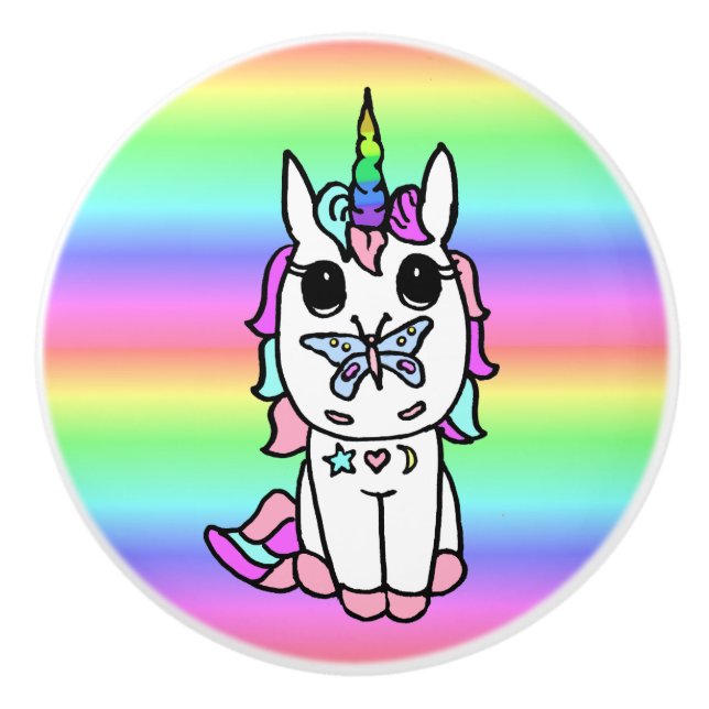 Rainbow Unicorn with Butterfly on Nose Ceramic Knob (Front)