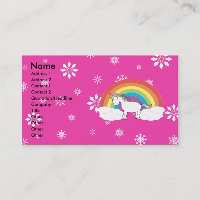 Rainbow unicorn with pink snowflakes business card (Front)