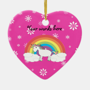 Rainbow unicorn with pink snowflakes ceramic ornament