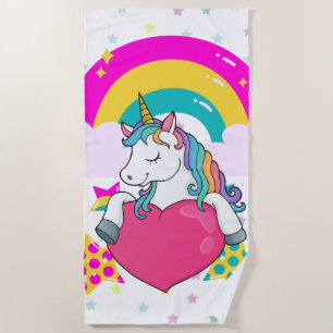 Rainbow Unicorn with Stars   Beach Towel
