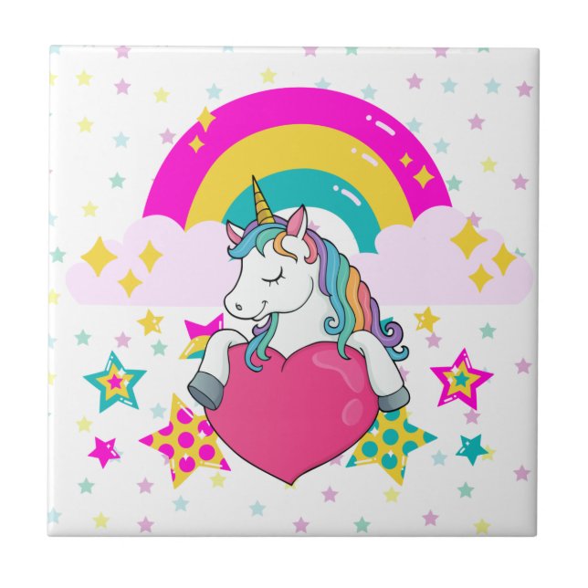 Rainbow Unicorn with Stars    Ceramic Tile (Front)