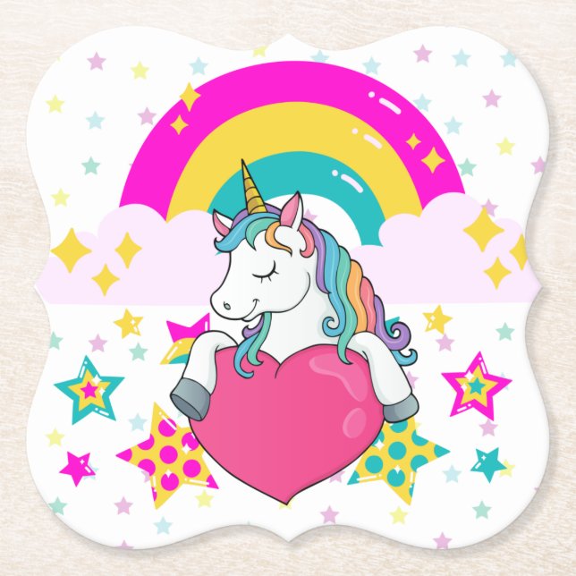 Rainbow Unicorn with Stars   Paper Coaster (Front)