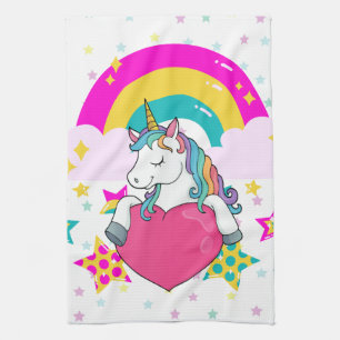 Rainbow Unicorn with Stars     Tea Towel