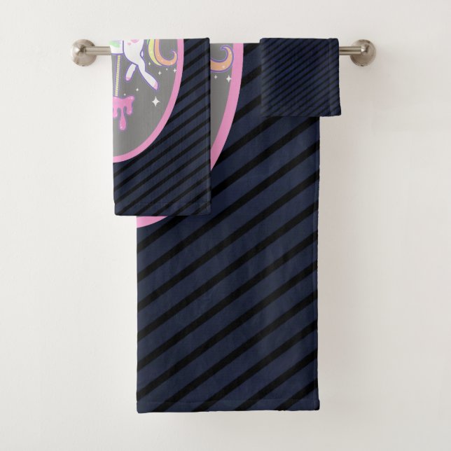 Rainbow Unicorn with striped back Bath Towel Set (Insitu)