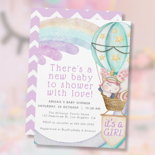 Rainbow Unicorns Balloon - Cute Girl Baby Shower Invitation