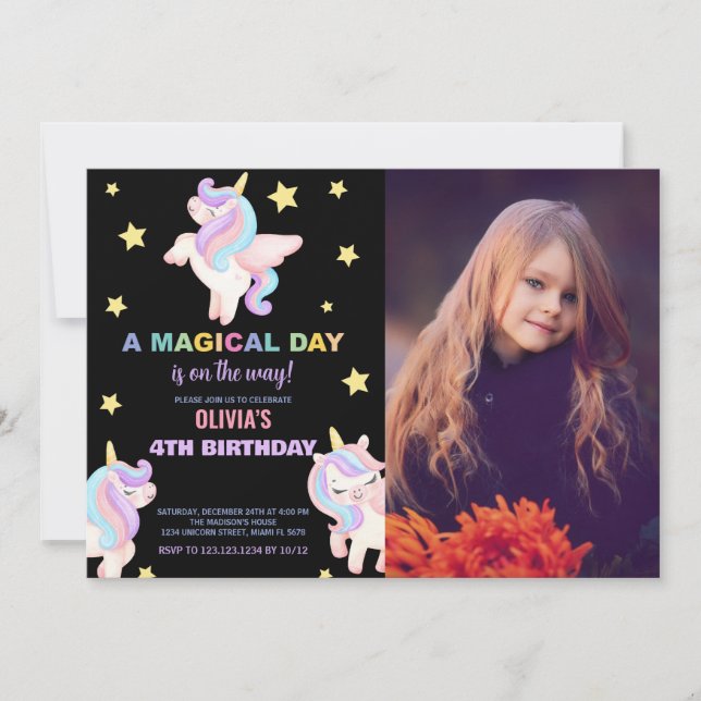 Rainbow Unicorns Birthday Invitations with photo (Front)